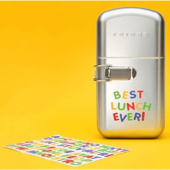 Retro Metal Fridge Shaped Lunch Box with 150 Vinyl Stickers to Personalize